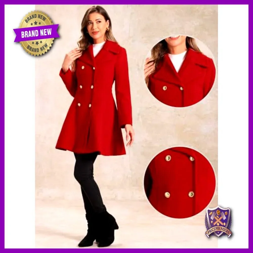 A-Line Double Breasted Pea Coat Lapel Collar Long Winter Wool Blend Classic
